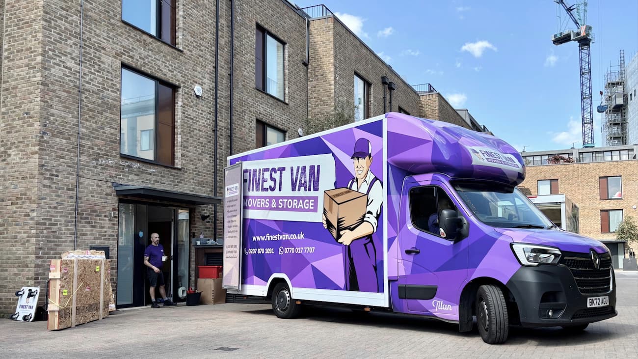 Finest Van van outside a London property preparing to unload artwork crates during a house move