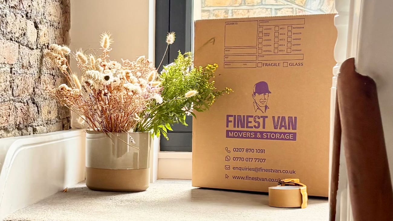 Branded Finest Van box beside a plant in a London flat during a house conversion move