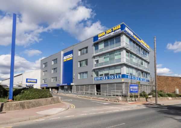 Exterior view of Access Self Storage in London beside a main road