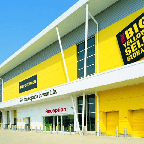 Exterior of Big Yellow Self Storage in London with yellow frontage and reception entrance